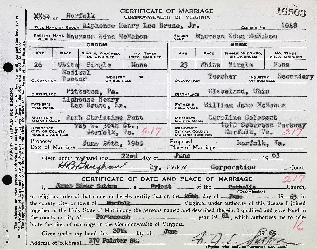 Alphonse Henry Leo Bruno Jr. and Maureen Edna McMahon Marriage Certificate