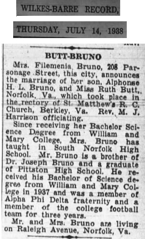 Alphonse Bruno and Ruth Butt Marriage
