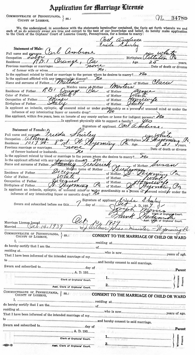 Carl Ambrose and Frieda Shirley Marriage Record