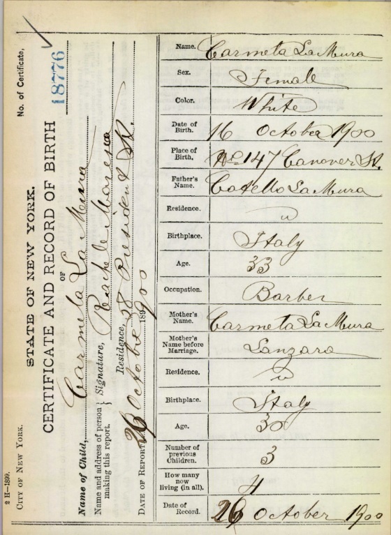 Carmela LaMura Birth Certificate