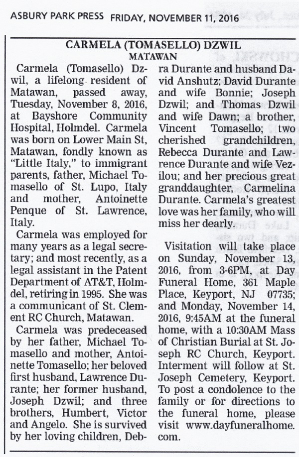 Carmella Tomasello Durante Dzwil Obituary