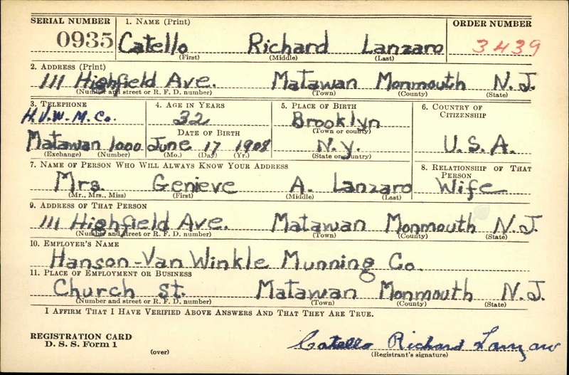 Catello Richard Lanzaro WW2 Draft Registration