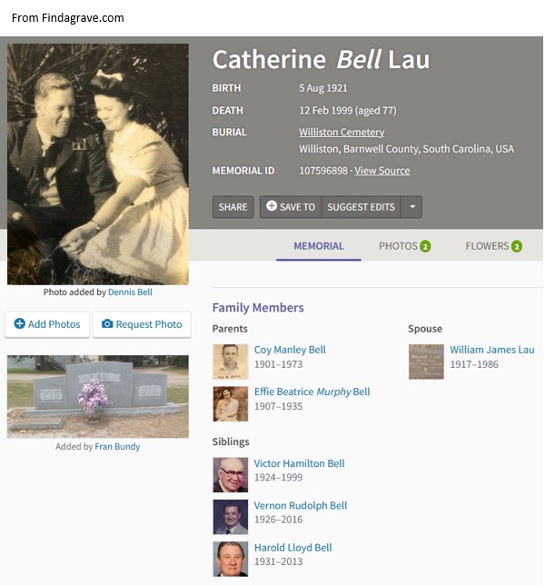 Catherine Bell Lau Cemetery Record