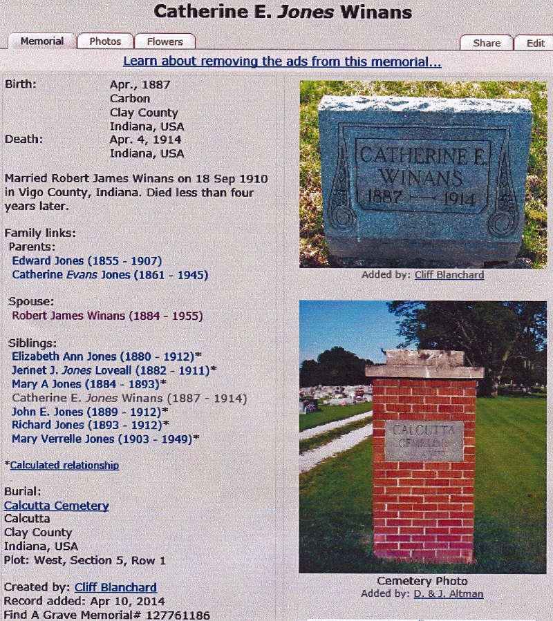 Catherine Jones Winans Cemetery Record