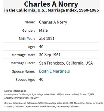Charles Alfred Norry and Edith E. Martinelli Marriage Index