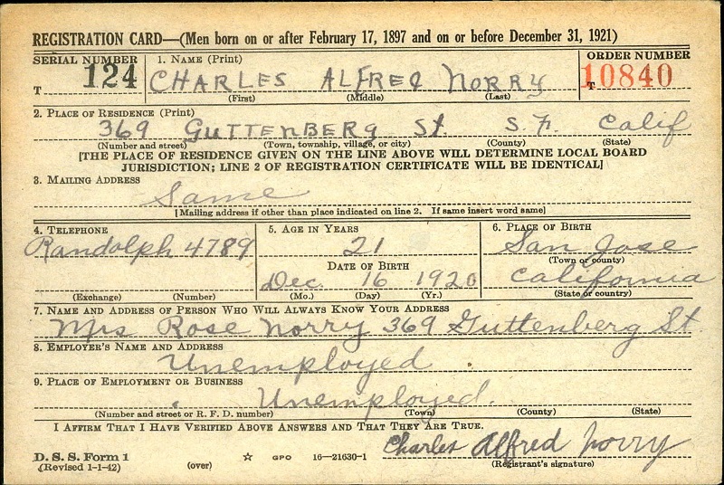 Charles Alfred Norry World War II Draft Registration