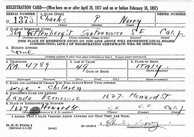 Charles P. Norry WW2 Draft Registration