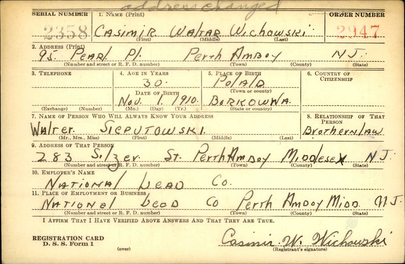 Charles Wichowski WW2 Draft Registration