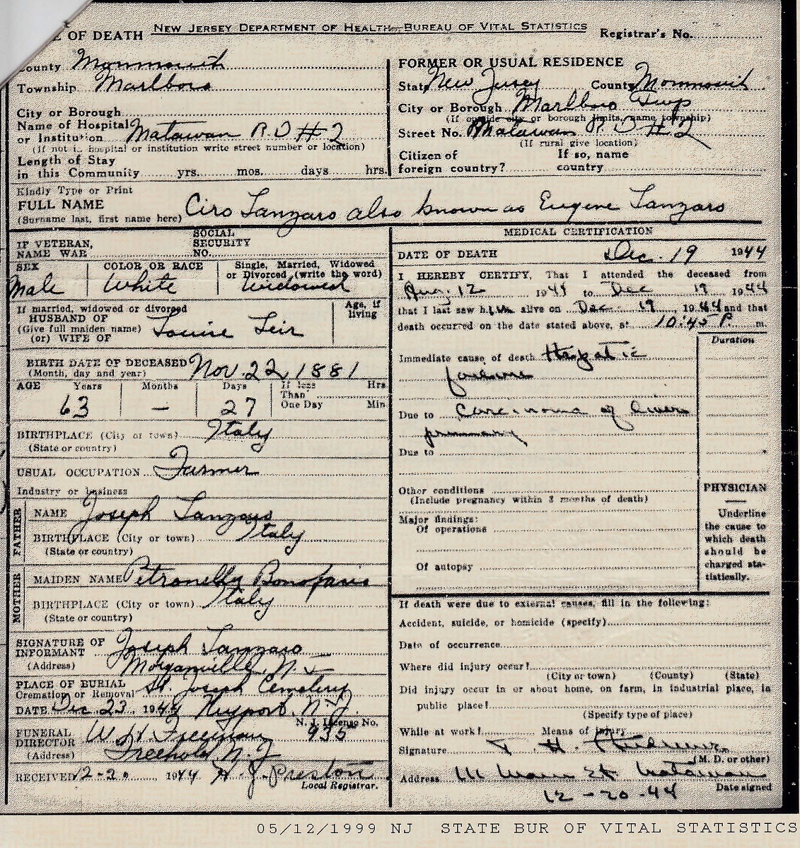 Ciro Eugene Lanzaro Death Certificate
