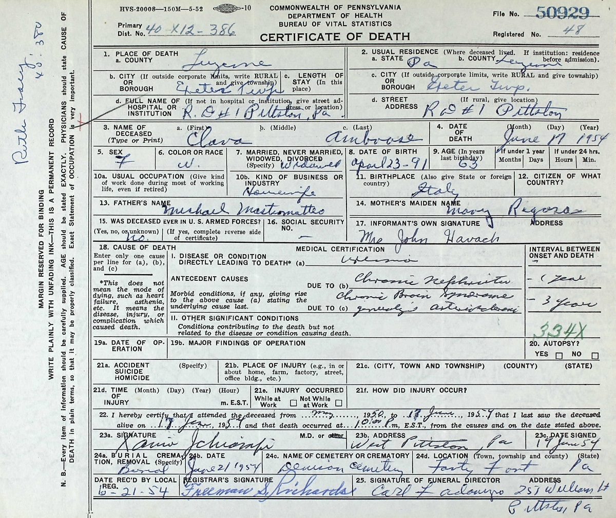 Clara Mastromatteo Abruzzese (Ambrose) Death Certificate