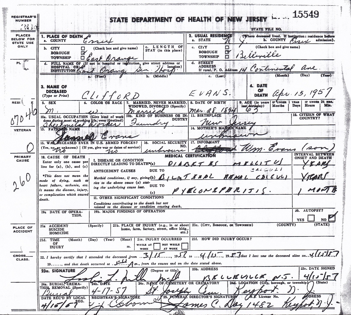 Clifford Evans Death Certificate