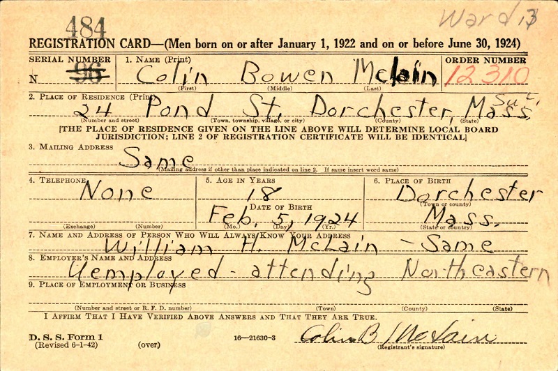 Colin Bowen McLain WW2 Draft Registration