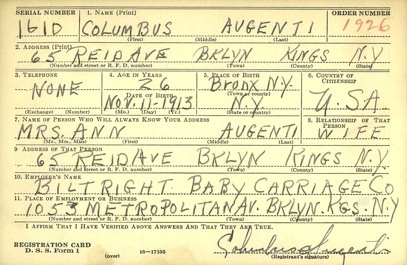 Columbo Augenti WW2 Draft Registration