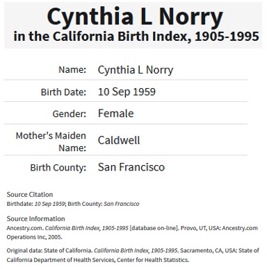Cynthia Norry Birth Index