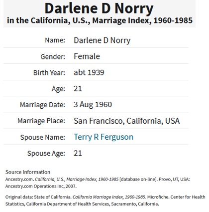 Darlene Norry and Terry Ferguson Marriage Index
