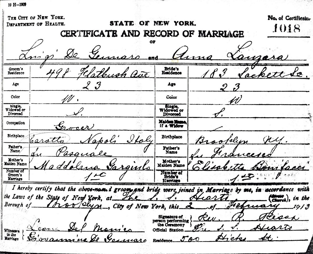 Louis DeGennaro and Anna Lanzaro Marriage Certificate