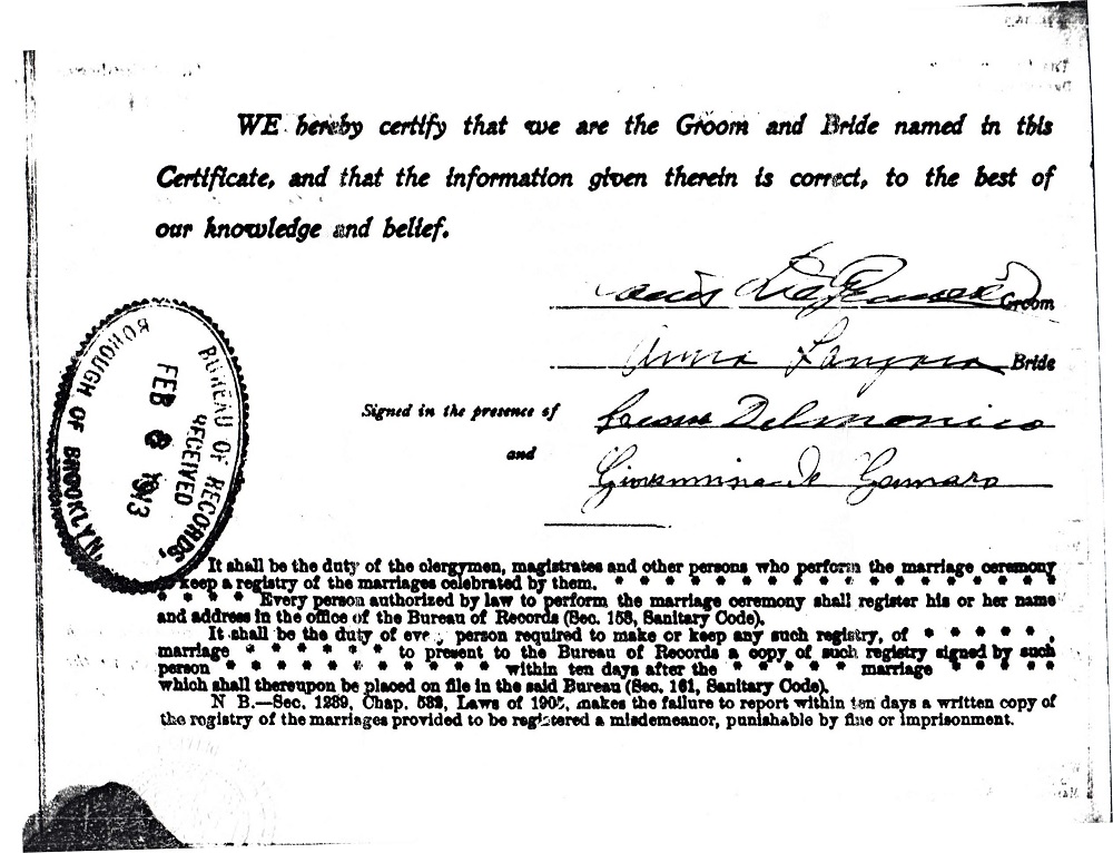 Louis DeGennaro and Anna Lanzaro Marriage Certificate
