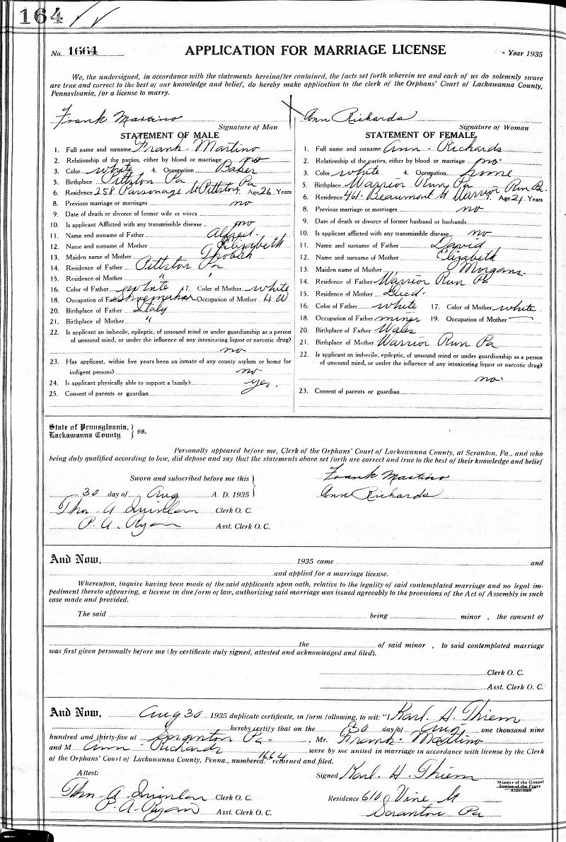 Frank DeMartino and Ann Richards Marriage Record
