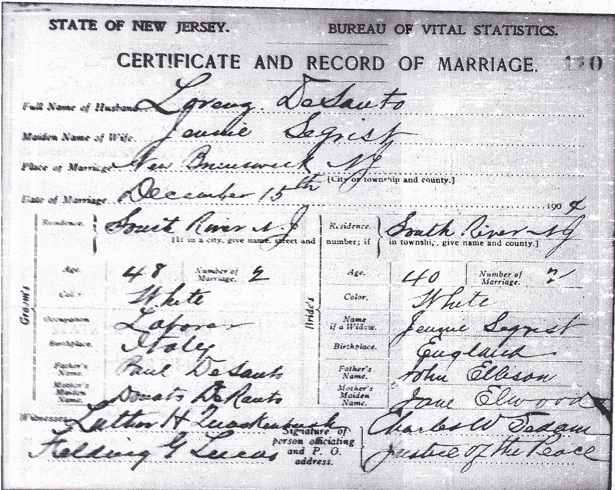 Jane Segrist and Lorenzo DiSanto Marriage Certificate
