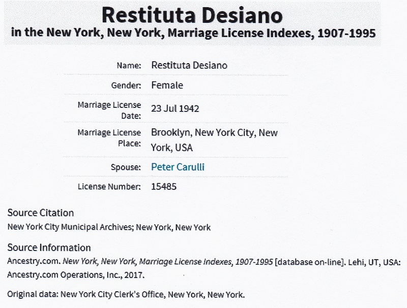 Marriage Record for Retituta Desiano and Peter Carulli