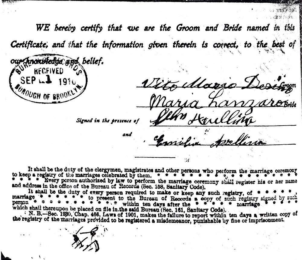 Vito Mario Desiano and Maria Lanzaro Marriage Certificate