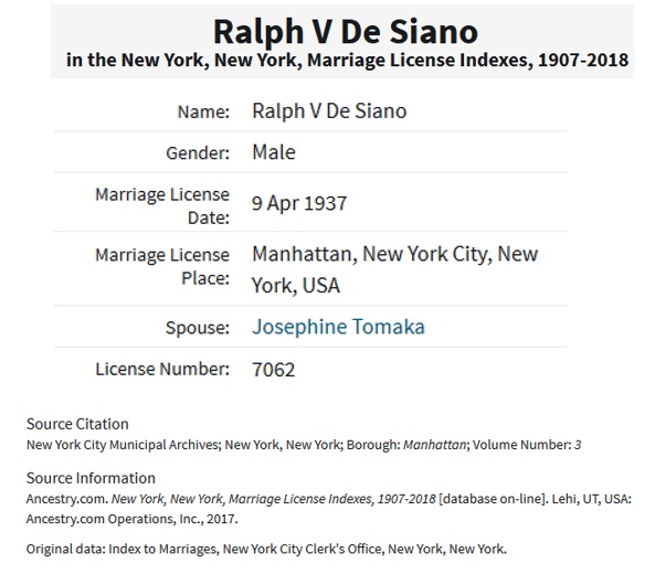 Ralph Desiano and Josephine Tomaka Marriage Record