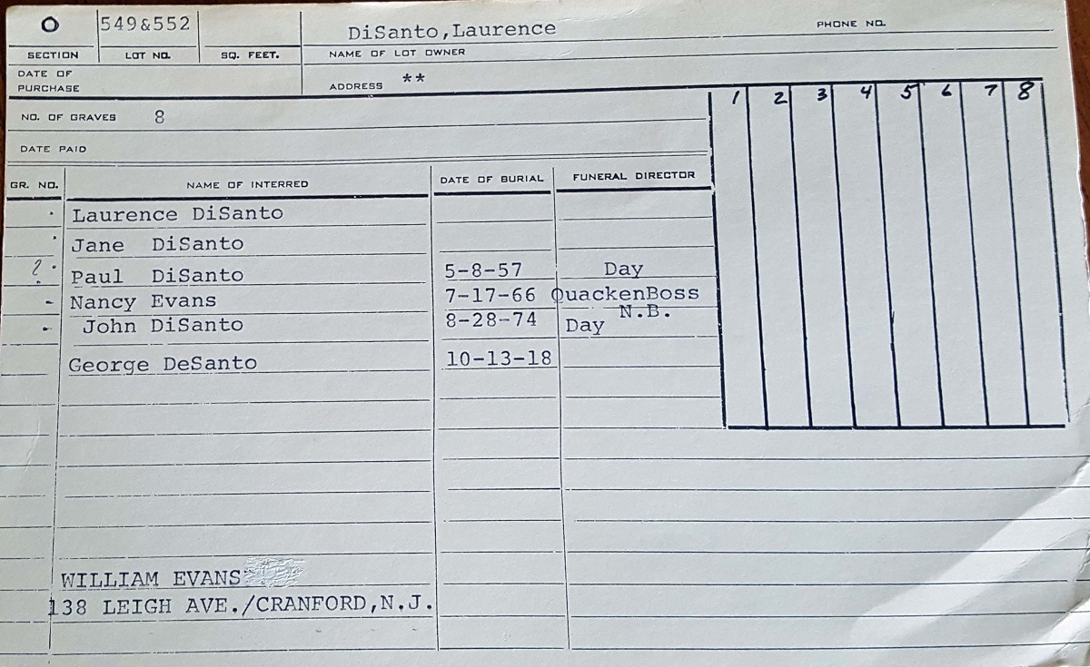 DiSanto Grave index card from St. Joseph's Cemetery