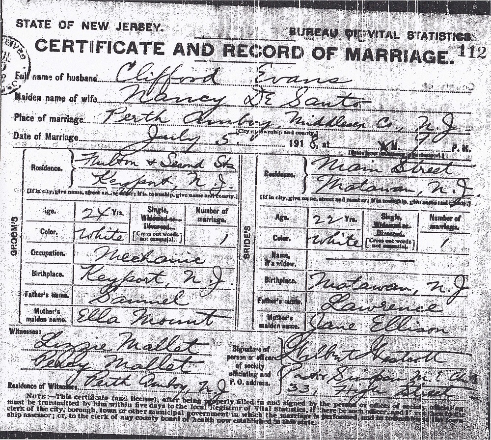 Pasqualina DiSanto and Clifford Evans Marriage Certificate