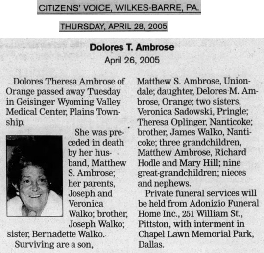 Dolores Walko Ambrose Obituary