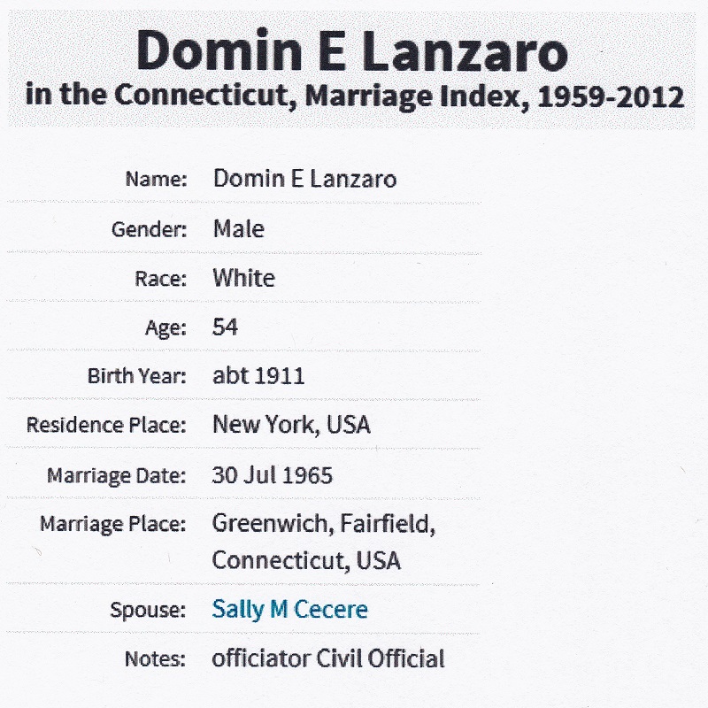 Dominick Lanzaro and Sally Cecere Marriage Index