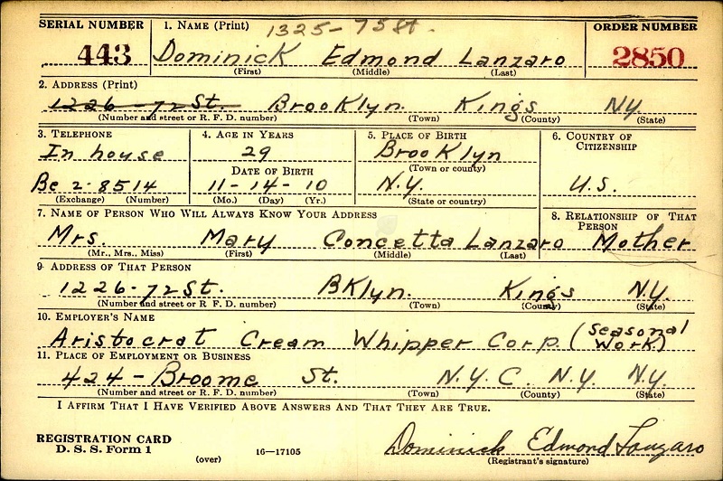 Dominick E. Lanzaro WW2 Draft Registration