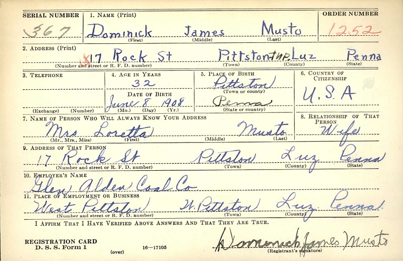 Dominick Musto World War II Draft Registration