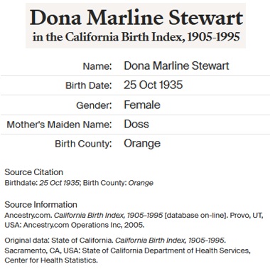 Donna Marlene Stewart Birth Index