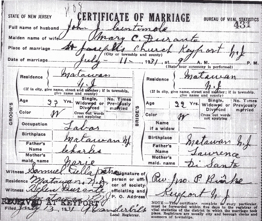 Durante-Centimole Marriage Certificate