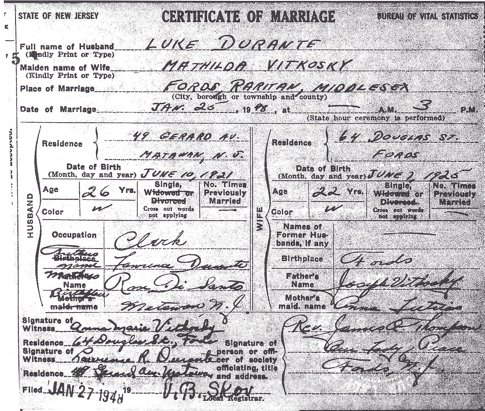 Luke A. Durante and Mathilda T. Vitkosky Marriage Certificate
