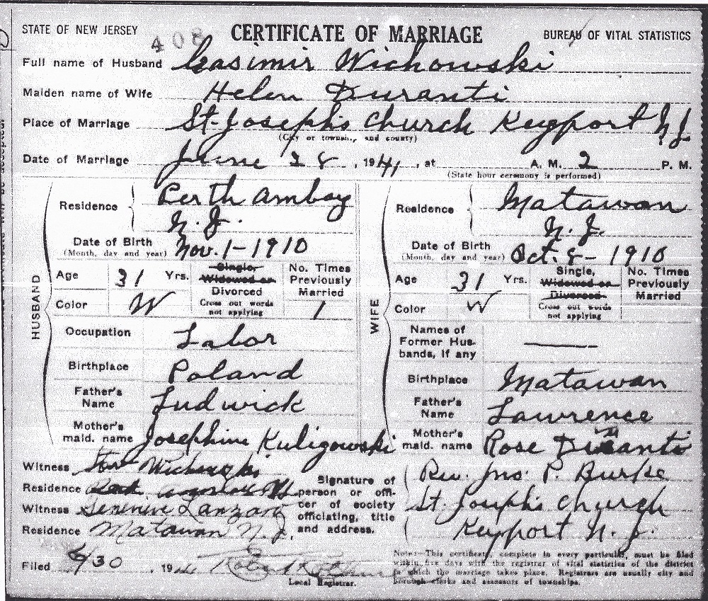 Helen Durante and Charles Wichowski Marriage Certificate