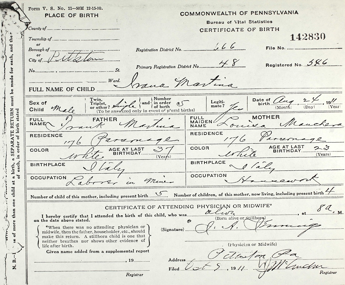 Edith DeMartino Birth Certificate