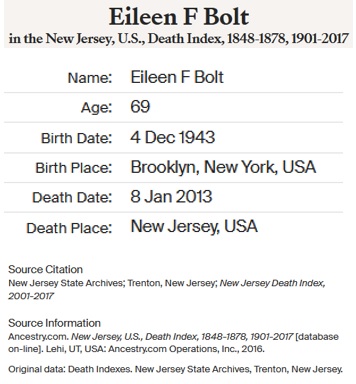 Eileen Verhoogen Bolt Death Index