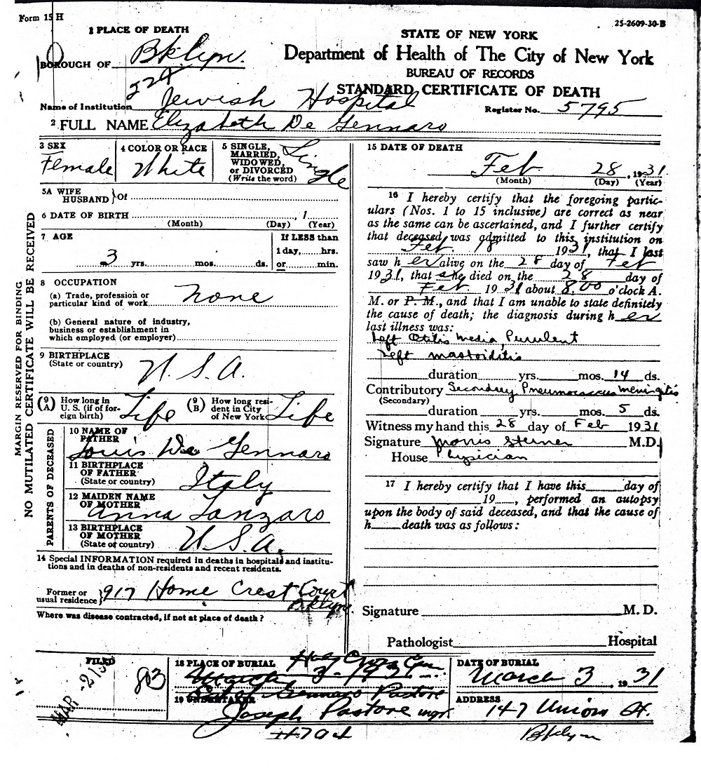 Elizabeth DeGennaro Death Certificate