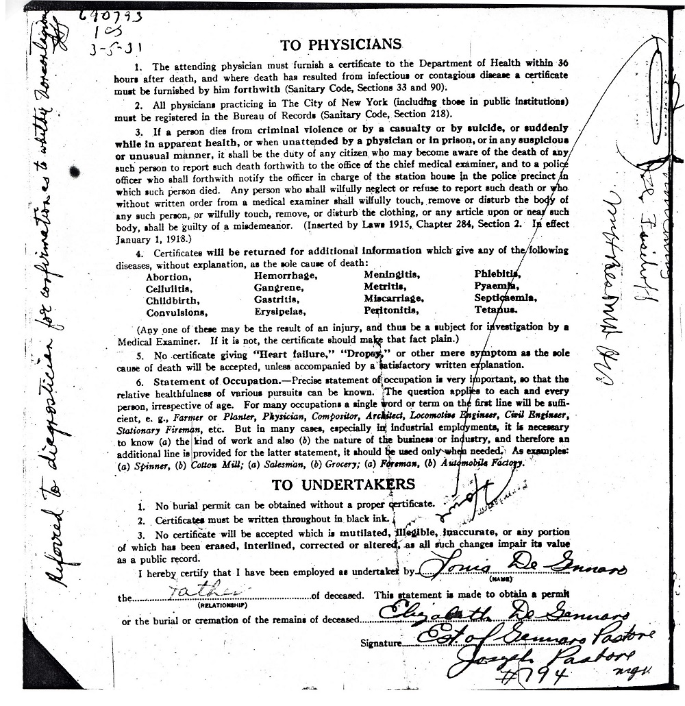 Elizabeth DeGennaro Death Certificate