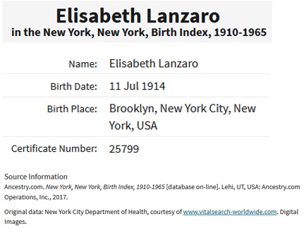 Elizabeth Florence Lanzaro Birth Index