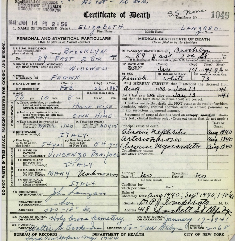 Elisabetta Bonifacio Lanzara Death Certificate