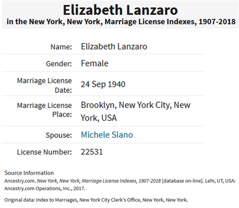 Elizabeth Florence Lanzaro Marriage Record