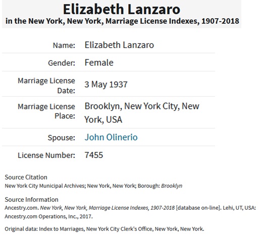 Elizabeth Florence Lanzaro Marriage Record