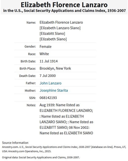 Elizabeth Florence Lanzaro Siano SSACI