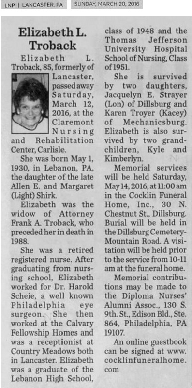 Elizabeth Shirk Troback Obituary