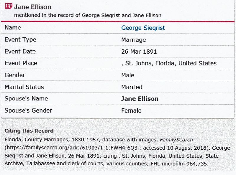 Jane Ellison and George Siegrist Marriage License Record