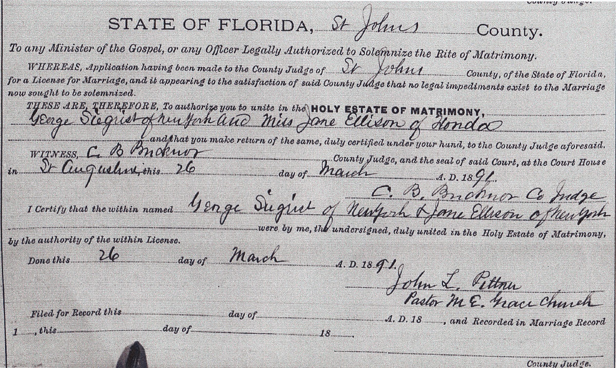 Jane Ellison and George Siegrist Marriage License Record