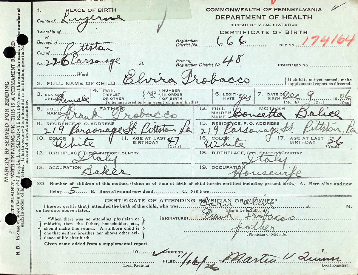 Elvira Trobacco Birth Certificate