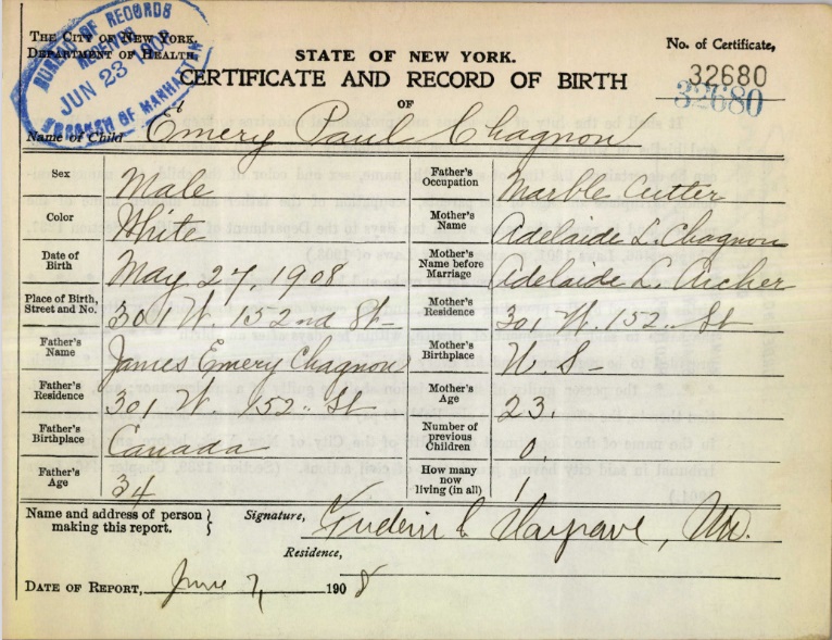 Emery Paul Chagnon Birth Certificate